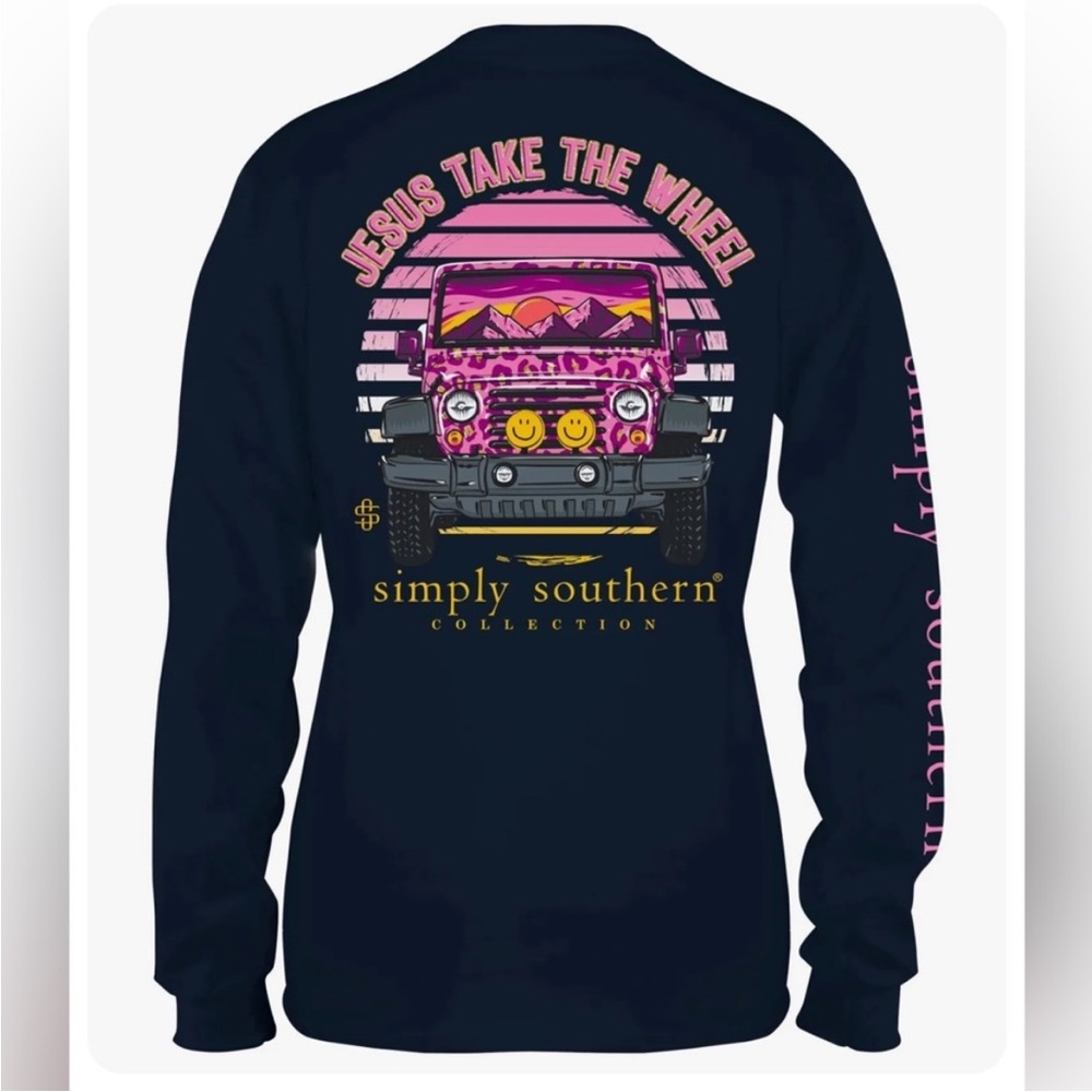 NWT Simply Southern Jesus Take the Wheel Long Sleeve Tee Navy Size Small